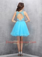 Classical Scoop Baby Blue Organza Zipper Prom Gown Sleeveless Knee Length Beading