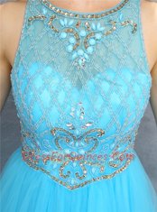 Classical Scoop Baby Blue Organza Zipper Prom Gown Sleeveless Knee Length Beading