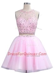 Dramatic Pink A-line Organza Scoop Sleeveless Beading Knee Length Zipper Prom Evening Gown
