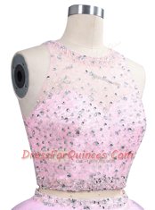 Dramatic Pink A-line Organza Scoop Sleeveless Beading Knee Length Zipper Prom Evening Gown