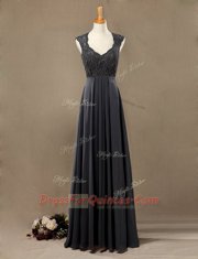 Nice Scoop Floor Length Black Evening Dress Chiffon Sleeveless Lace