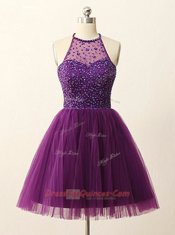 Purple A-line Tulle Halter Top Sleeveless Beading and Sequins Mini Length Zipper