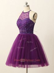 Purple A-line Tulle Halter Top Sleeveless Beading and Sequins Mini Length Zipper