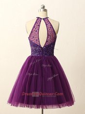 Purple A-line Tulle Halter Top Sleeveless Beading and Sequins Mini Length Zipper