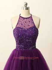 Purple A-line Tulle Halter Top Sleeveless Beading and Sequins Mini Length Zipper