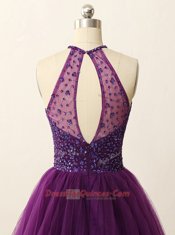 Purple A-line Tulle Halter Top Sleeveless Beading and Sequins Mini Length Zipper