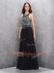 Spectacular Halter Top Sleeveless Chiffon Floor Length Backless Evening Dress in Black with Beading