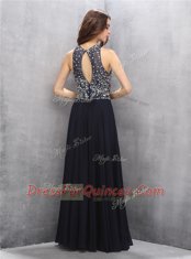 Spectacular Halter Top Sleeveless Chiffon Floor Length Backless Evening Dress in Black with Beading