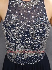Spectacular Halter Top Sleeveless Chiffon Floor Length Backless Evening Dress in Black with Beading