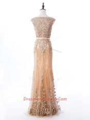 Decent Mermaid Scoop Lace Sleeveless Beading Zipper Homecoming Dress with Gold Brush Train