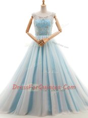 Admirable Light Blue Lace Up Scoop Beading Prom Gown Tulle Sleeveless Court Train