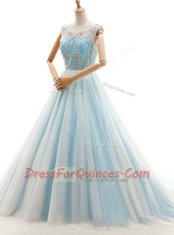 Admirable Light Blue Lace Up Scoop Beading Prom Gown Tulle Sleeveless Court Train