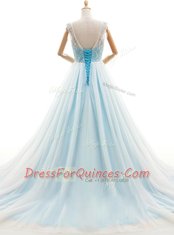 Admirable Light Blue Lace Up Scoop Beading Prom Gown Tulle Sleeveless Court Train