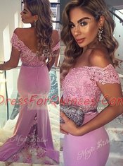 Traditional Mermaid Lilac Off The Shoulder Zipper Lace and Sashes ribbons Brush Train Short Sleeves
