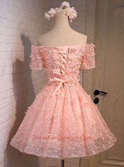 Fashionable Off the Shoulder Sleeveless Lace Mini Length Lace Up Prom Dresses in Peach with Appliques