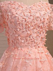Fashionable Off the Shoulder Sleeveless Lace Mini Length Lace Up Prom Dresses in Peach with Appliques