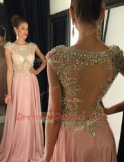 Graceful Pink Side Zipper Prom Dresses Beading Cap Sleeves Brush Train