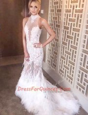 Mermaid White Tulle Backless Prom Evening Gown Sleeveless Court Train Appliques