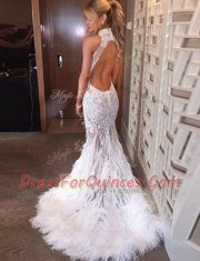 Mermaid White Tulle Backless Prom Evening Gown Sleeveless Court Train Appliques
