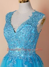 Blue A-line Beading and Appliques Zipper Tulle Sleeveless Knee Length