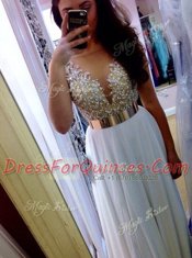 Trendy White V-neck Neckline Beading Prom Party Dress Sleeveless Backless