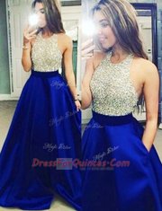 Cute Halter Top Floor Length Backless Prom Gown Royal Blue for Prom and Party with Beading