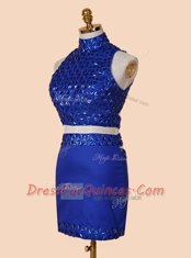 Flirting Royal Blue Sleeveless Mini Length Beading Backless Prom Evening Gown