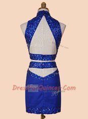 Flirting Royal Blue Sleeveless Mini Length Beading Backless Prom Evening Gown
