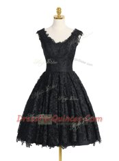 Knee Length Black Prom Evening Gown Lace Sleeveless Lace