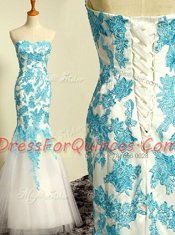 Glorious Blue and Blue And White Mermaid Appliques Prom Evening Gown Lace Up Tulle Sleeveless Floor Length