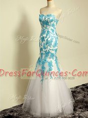 Glorious Blue and Blue And White Mermaid Appliques Prom Evening Gown Lace Up Tulle Sleeveless Floor Length