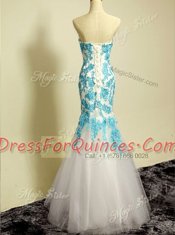 Glorious Blue and Blue And White Mermaid Appliques Prom Evening Gown Lace Up Tulle Sleeveless Floor Length