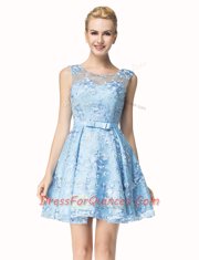 Beautiful Scoop Lace Mini Length Zipper Prom Dress Blue for Prom and Party with Bowknot
