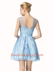 Beautiful Scoop Lace Mini Length Zipper Prom Dress Blue for Prom and Party with Bowknot
