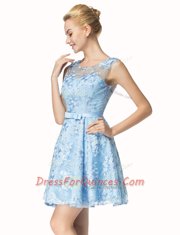 Beautiful Scoop Lace Mini Length Zipper Prom Dress Blue for Prom and Party with Bowknot