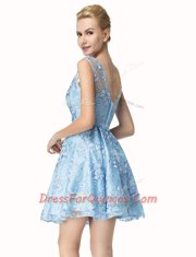 Beautiful Scoop Lace Mini Length Zipper Prom Dress Blue for Prom and Party with Bowknot