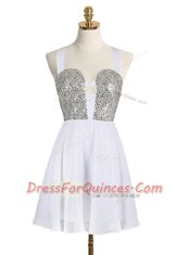 Adorable Straps White Sleeveless Mini Length Sequins Criss Cross Prom Evening Gown Adorable Straps White Sleeveless Mini Length Sequins Criss Cross Prom Evening Gown