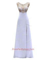 Graceful Scoop White Sleeveless Floor Length Beading Backless Evening Dress