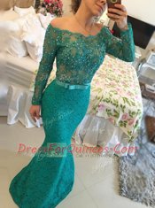 Classical Mermaid Long Sleeves Lace Floor Length Backless Prom Dresses Green for Prom and Party with Beading