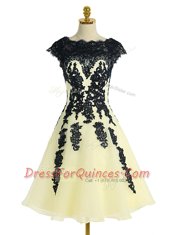 Knee Length Light Yellow Prom Dress Scalloped Cap Sleeves Zipper