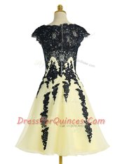 Knee Length Light Yellow Prom Dress Scalloped Cap Sleeves Zipper