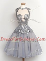 Scalloped Cap Sleeves Knee Length Appliques Zipper Homecoming Dress with Grey