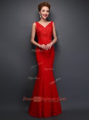 Simple Mermaid Lace V-neck Sleeveless Lace Up Beading and Appliques Evening Dress in Red