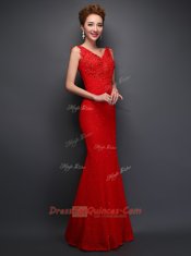 Simple Mermaid Lace V-neck Sleeveless Lace Up Beading and Appliques Evening Dress in Red