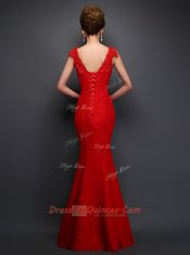 Simple Mermaid Lace V-neck Sleeveless Lace Up Beading and Appliques Evening Dress in Red