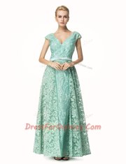 V-neck Cap Sleeves Lace Prom Dresses Pleated Zipper