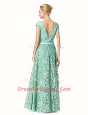 V-neck Cap Sleeves Lace Prom Dresses Pleated Zipper