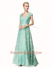 V-neck Cap Sleeves Lace Prom Dresses Pleated Zipper