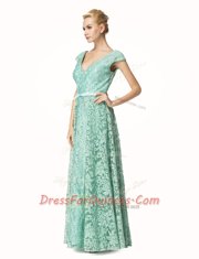 V-neck Cap Sleeves Lace Prom Dresses Pleated Zipper