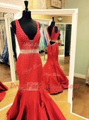Mermaid Red Zipper Homecoming Dress Beading Sleeveless Sweep Train